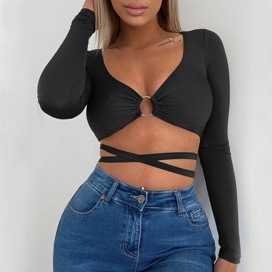 Women's Bare Midriff Slim Fit Top Lace-up Cutout